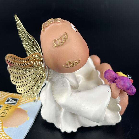 2001 Resin Angel Cheeks Holding Purple Flower Ladybug Spring By Kirk w/ Tag - Picture 7 of 12